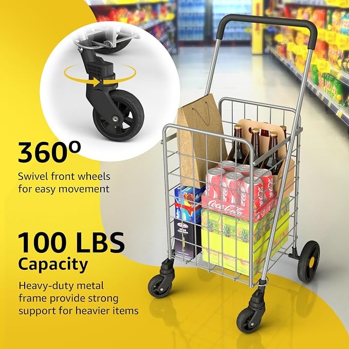 Shopping Cart w/Waterproof Basket Liner & 360° Swivel Wheels | Foldable - Image 3