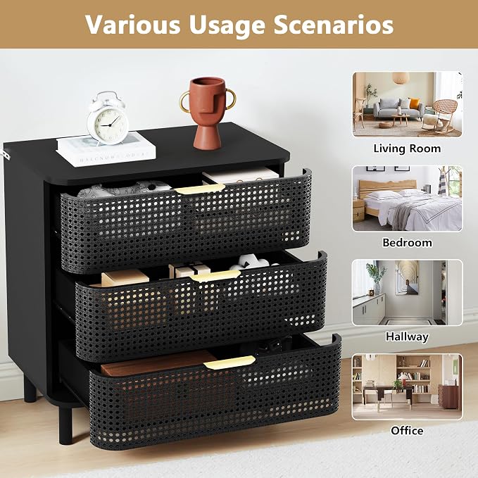 ORRD 3 Drawer Dresser, Modern Iron Rattan Cabinet Dresser - Image 5