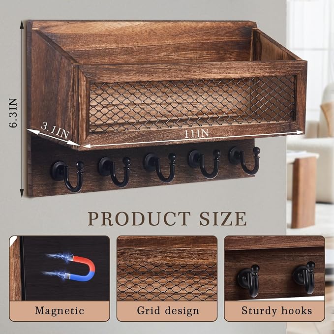 Magnetic Mail and Key Holder for Wall Fridge Wooden Mail Organizer - Image 2