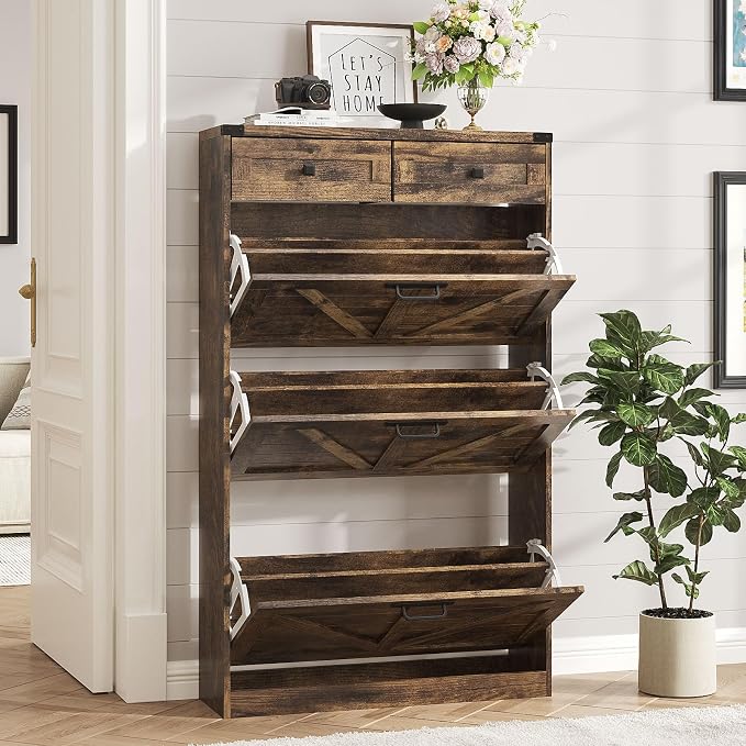 Shoe Cabinet with 3 Flip Drawers & 2 Drawers, Freestanding Shoe Storage Cabinet - Image 9