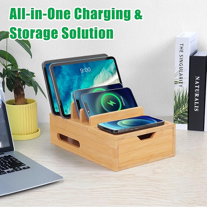 Bamboo Charging Station for Multiple Devices, Desk Charging Organizer - Image 4