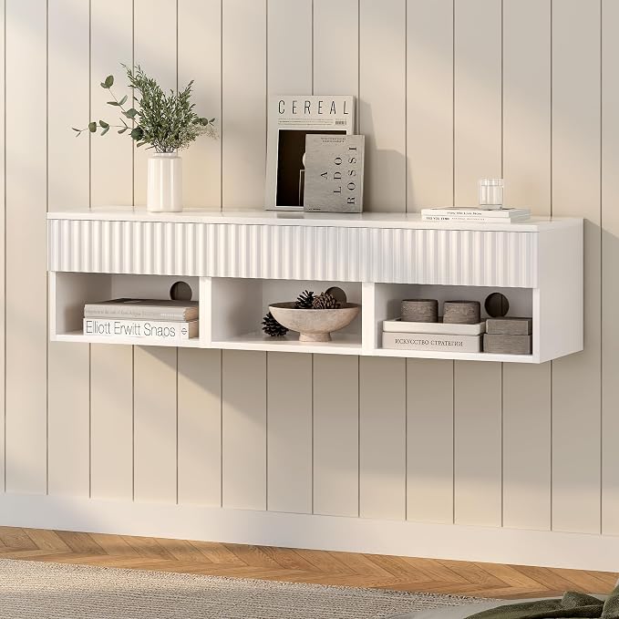Small Floating Nightstand with Drawer, Modern Night Stand with Fluted Door and - Image 3
