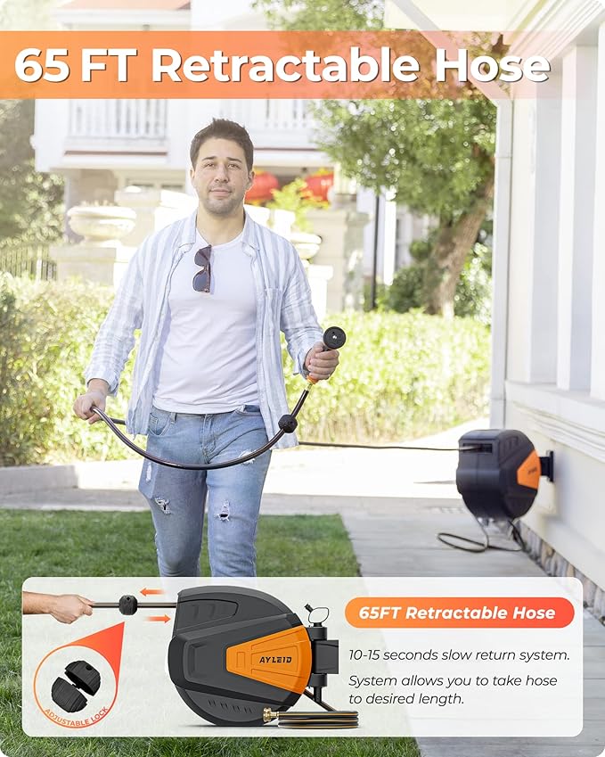 Ayleid Retractable Garden Hose Reel, 1/2 in x 65 ft Wall Mounted Hose Reel - Image 3