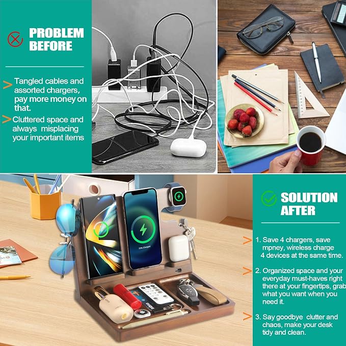 Wood Phone Docking Station Dual Phone Wireless Charging Station Organizer - Image 4