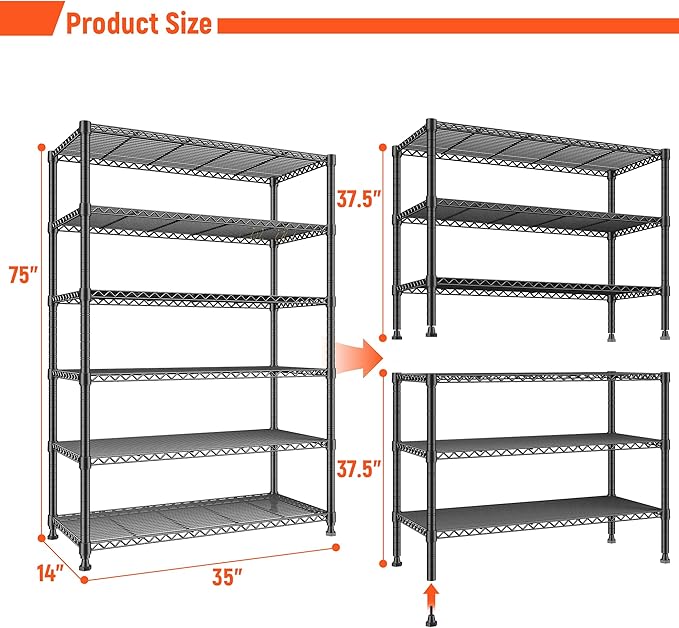 REIBII 75" H Metal Shelving 6 Tier Storage Shelf Adjustable Kitchen Shelf Wire - Image 3
