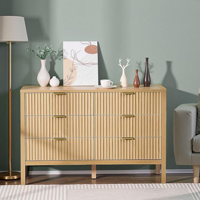 VEVOR Fluted Dresser with 6 Drawer, Modern Closet Dresser TV Stand, Boho Wood - Image 2