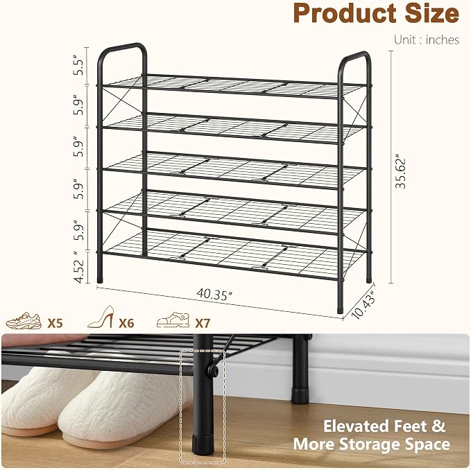Hoctieon 5 Tier Mesh Style Shoe Rack, Entryway Shoe Shelf, Shoe Storage - Image 3