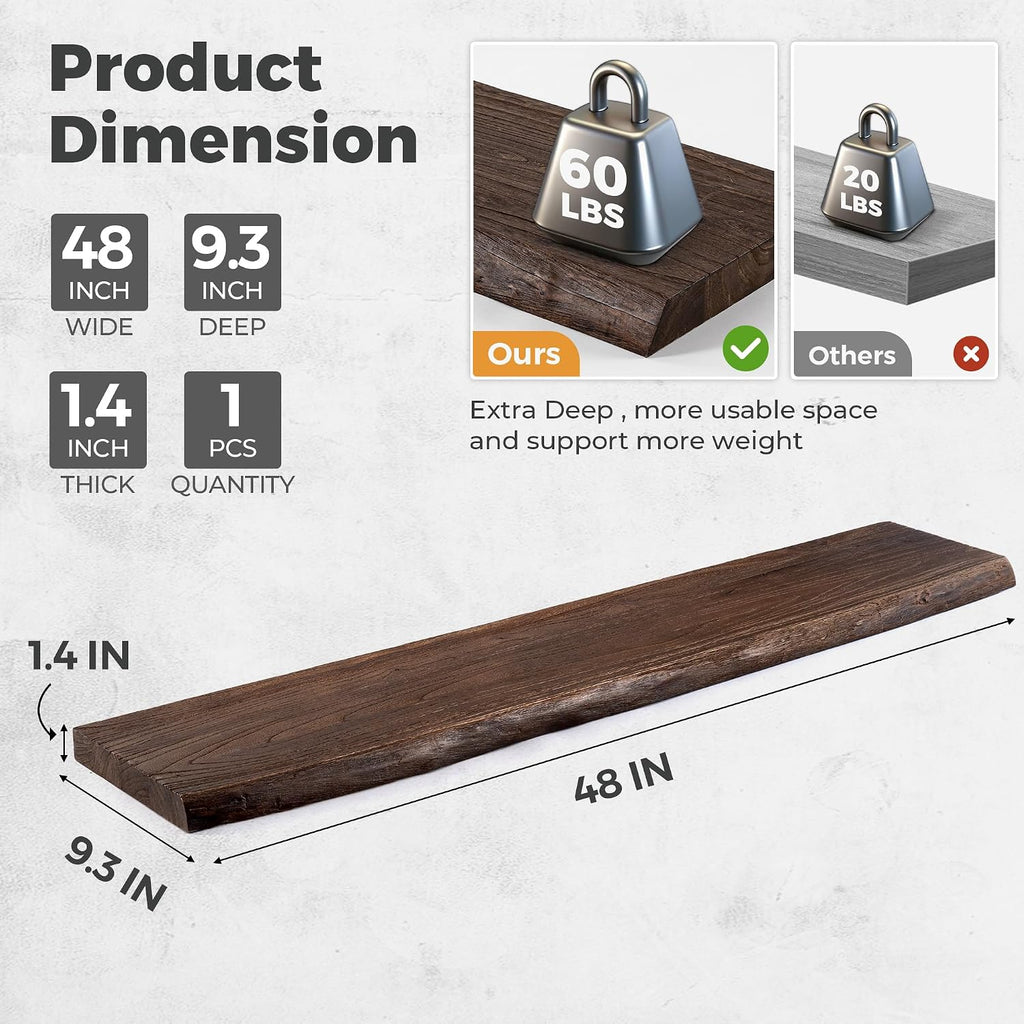 RICHFOCUS Live Edge Elm Floating Shelves - 48" W x 9.3" D Rustic Solid