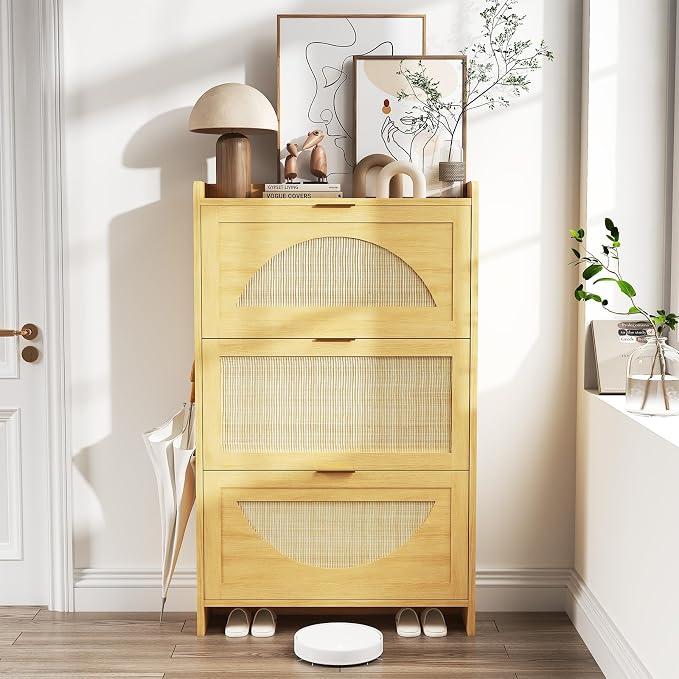 Rattan Shoe Cabinet with 3 Flip Drawers, Natural Wood Shoe Storage Cabinet by Patikuin