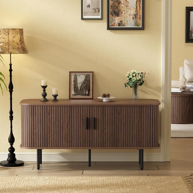 55''W Walnut Cabinet with Storage, Media Console, Tambour TV Stand, Television - Image 3
