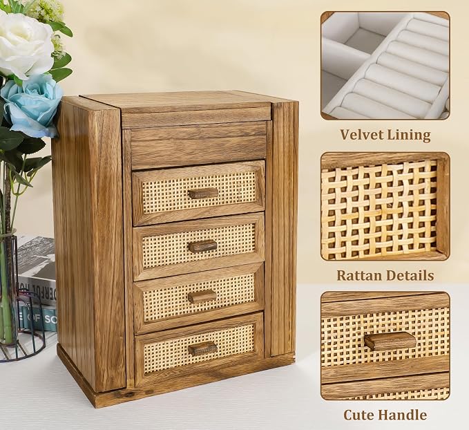 Jewelry Organizer, Rattan Jewelry Box, 5 Layer Wooden Jewelry Organizer Box - Image 4