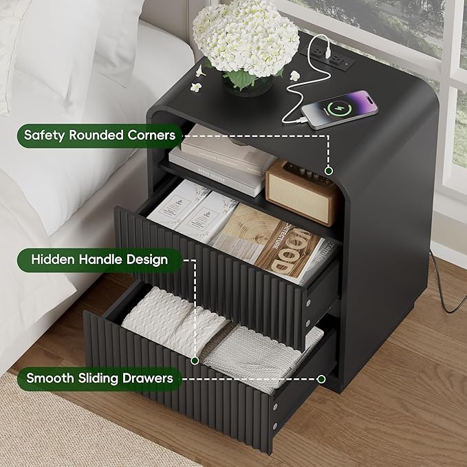 Black Nightstand with Charging Station, Mid Century Modern Bedside Table & End - Image 6