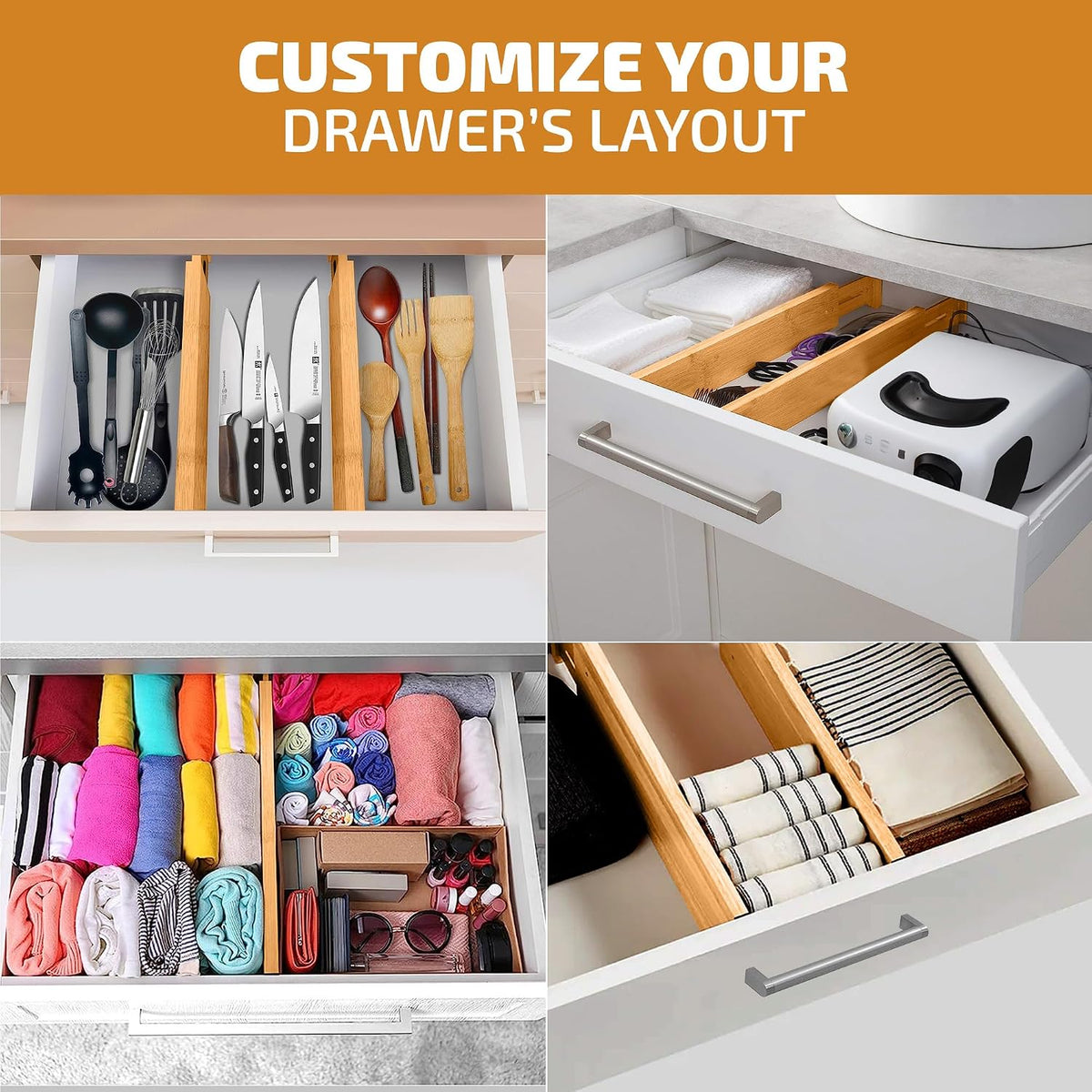 4-Pack Bamboo Drawer Dividers - 2.6 Inches High, Adjustable 12 to