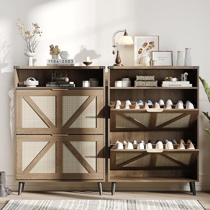 Shoe Cabinet with 2 Flip Drawers & Open Storage, Farmhouse Shoe Storage Cabinet - Image 4