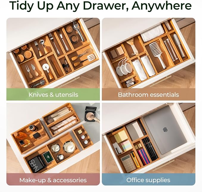 5-Piece Bamboo Drawer Organizer Set, 2.2" Deep Multi-Use Organizers - Image 4