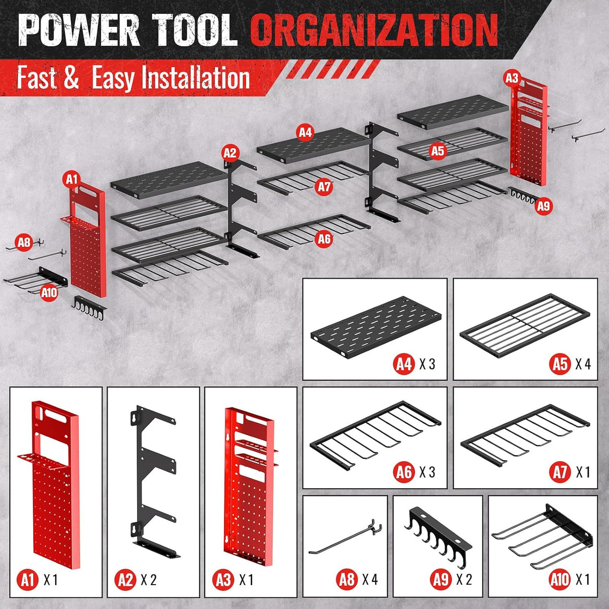 49.8" Power Tool Organizer Wall Mount,Holds 18 Cordless Drills