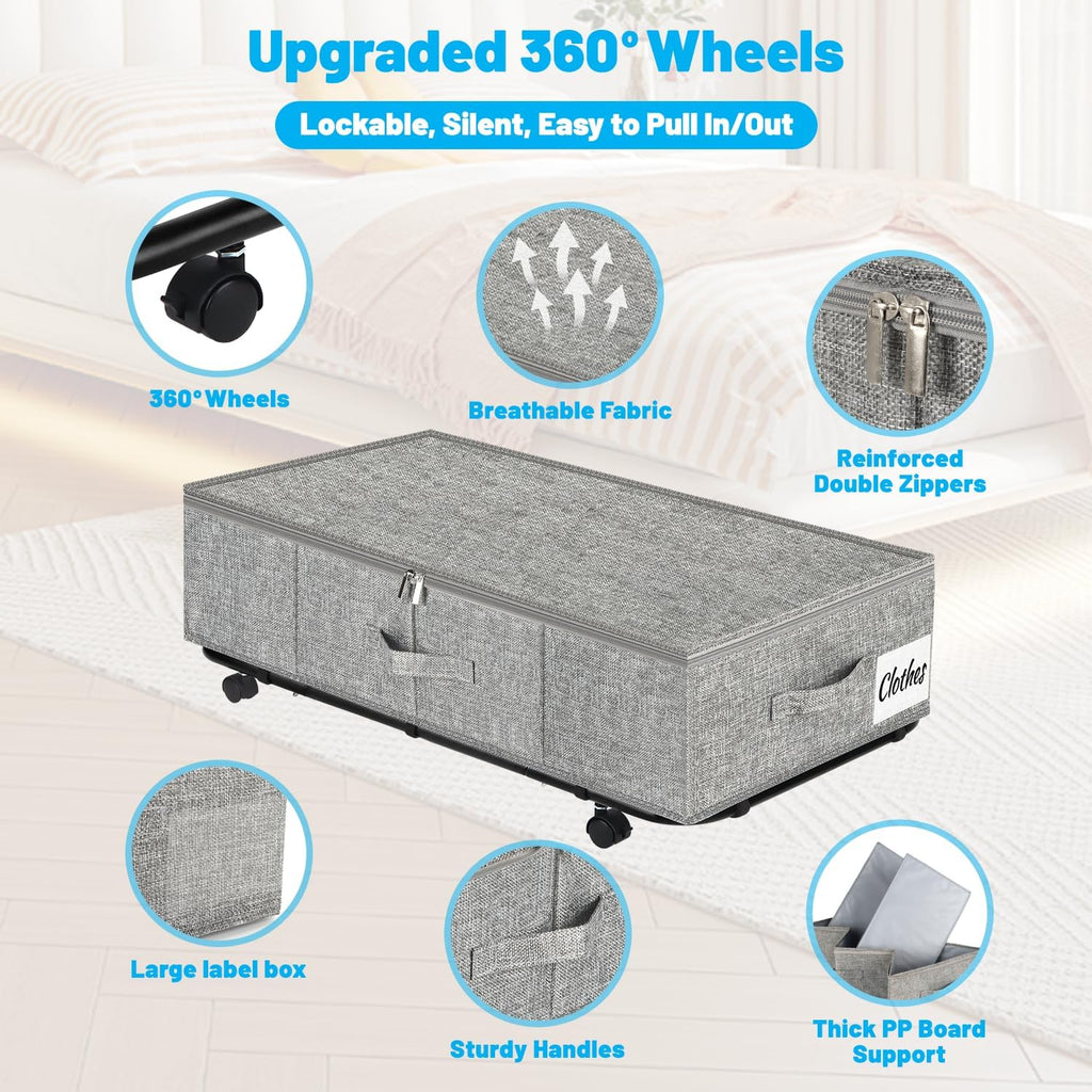 Large Sturdy Under Bed Storage with Wheels, 2 Pack 50L Rolling