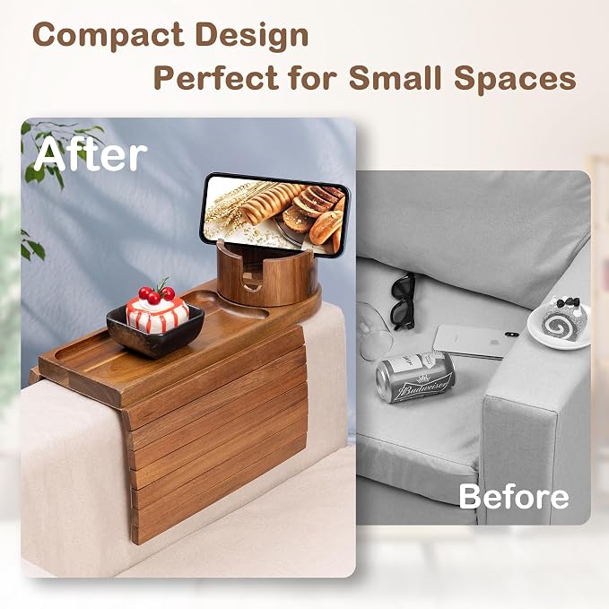 Couch Cup Holder for Thin Armrest Wider Than 4.9'', Acacia Wood Couch Arm Tray - Image 7