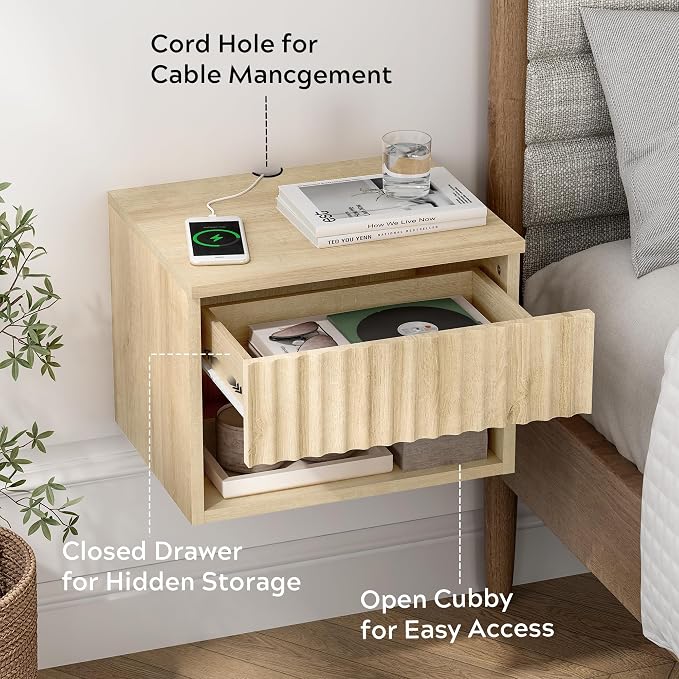 Small Floating Nightstand with Drawer, Modern Night Stand with Fluted Door and - Image 4