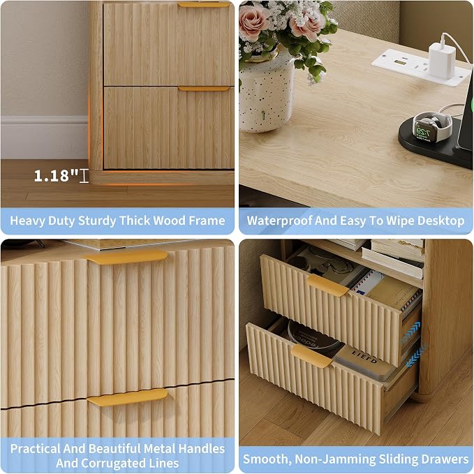 Fluted Nightstand with Charging Station, Bedside Table with 2 Drawers and Open - Image 6
