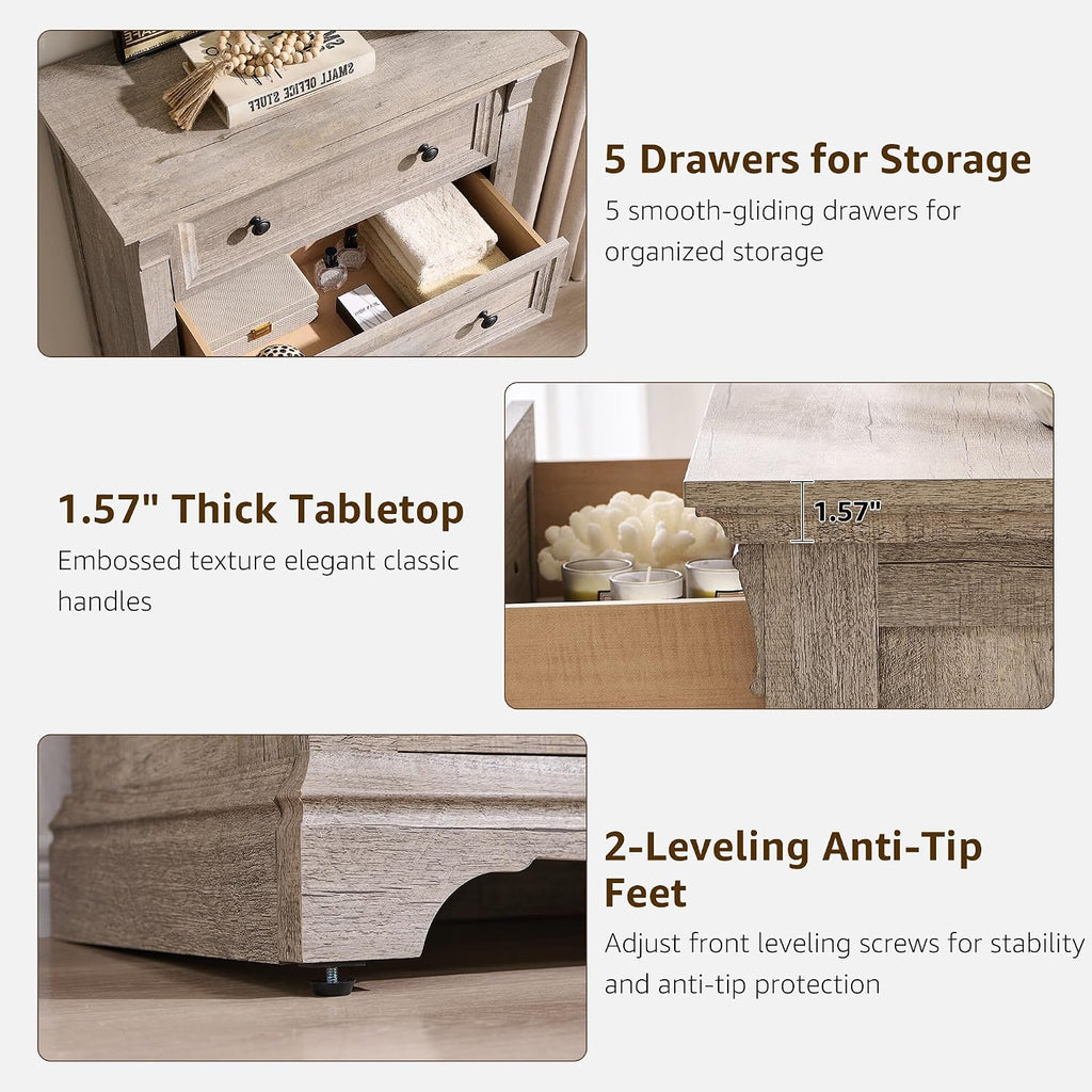 T4TREAM Farmhouse 5 Tall Drawers Dresser for Bedroom 47"H Chests of