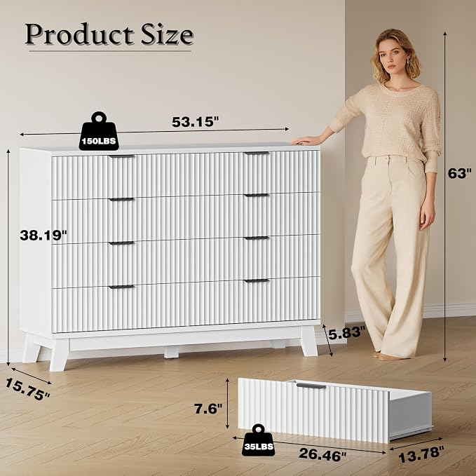 53" Tall Dresser for Bedroom, 8-Drawer Fluted Chest of Drawers, Modern Wood - Image 2