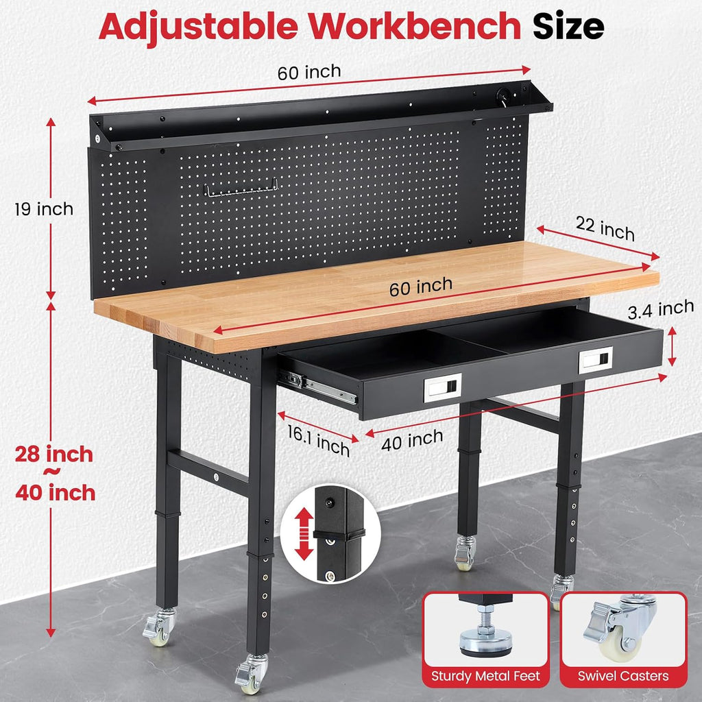 60-Inch Heavy Duty Workbench with Wheels, Adjustable Height