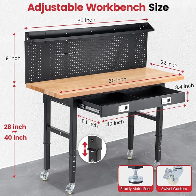 Workbench with Wheels 60 Inch Heavy Duty Rubberwood Tabletop Work Bench - Image 7