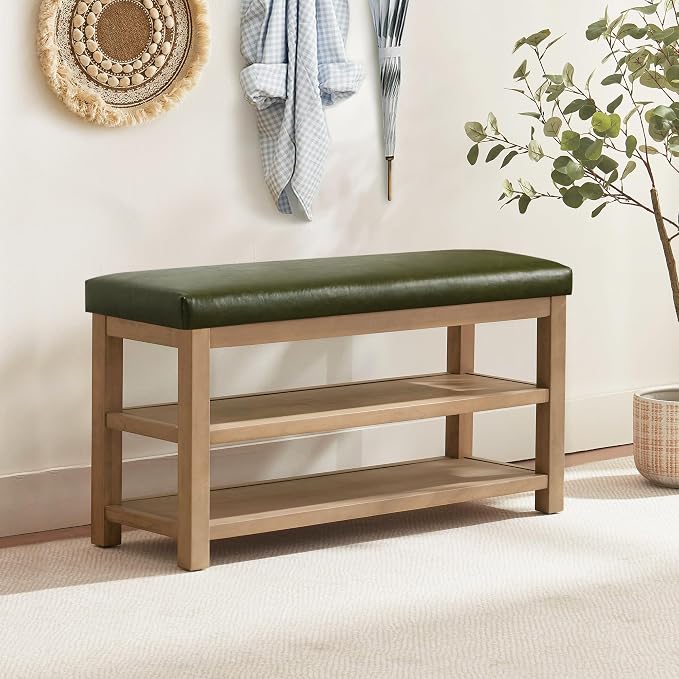 Shoe Rack Bench with Leather Cushion, 2 Tier Solid Wood Storage Bench, - Image 3