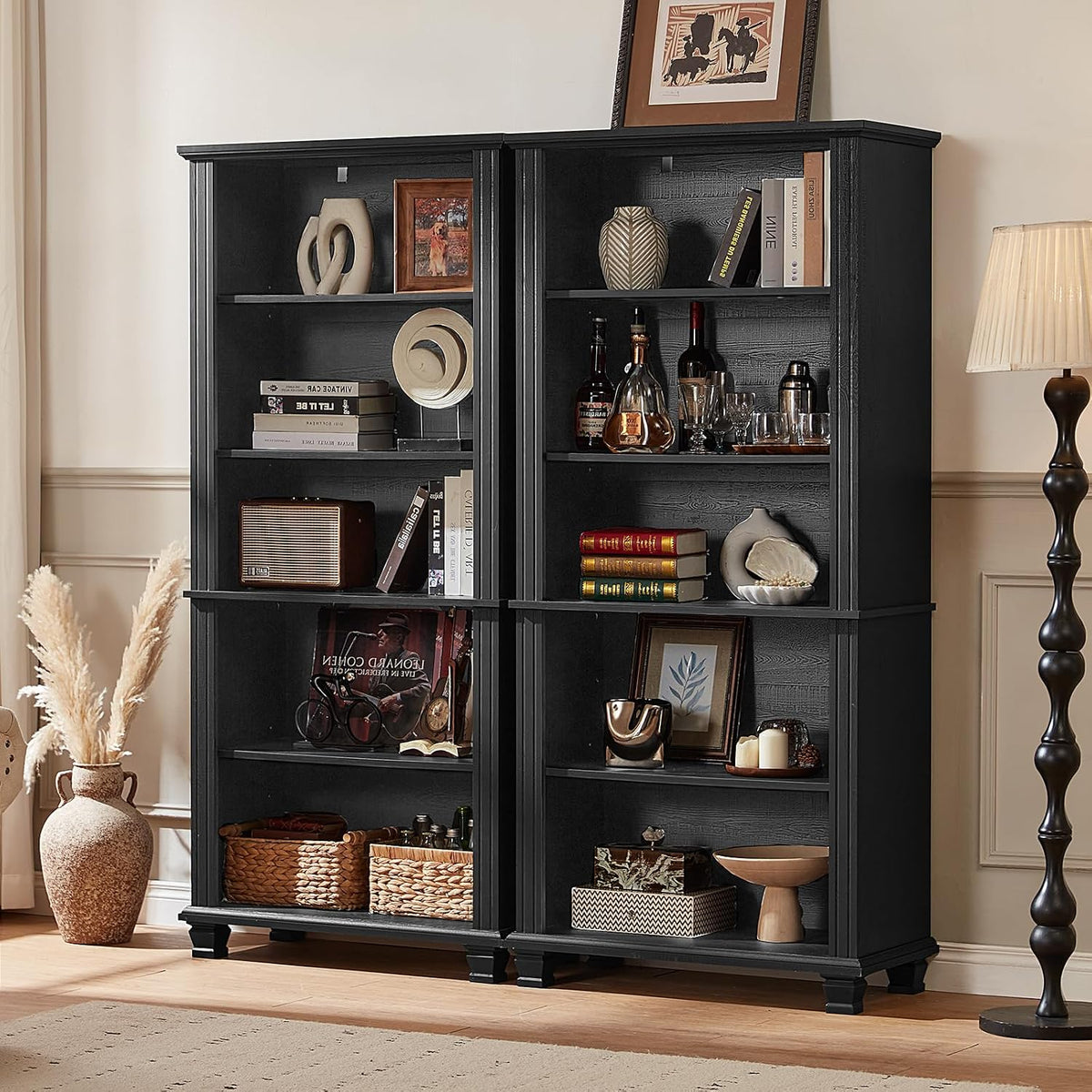 70" Tall Black Bookshelf,5 Tier Wooden Book Shelf with Adjustable