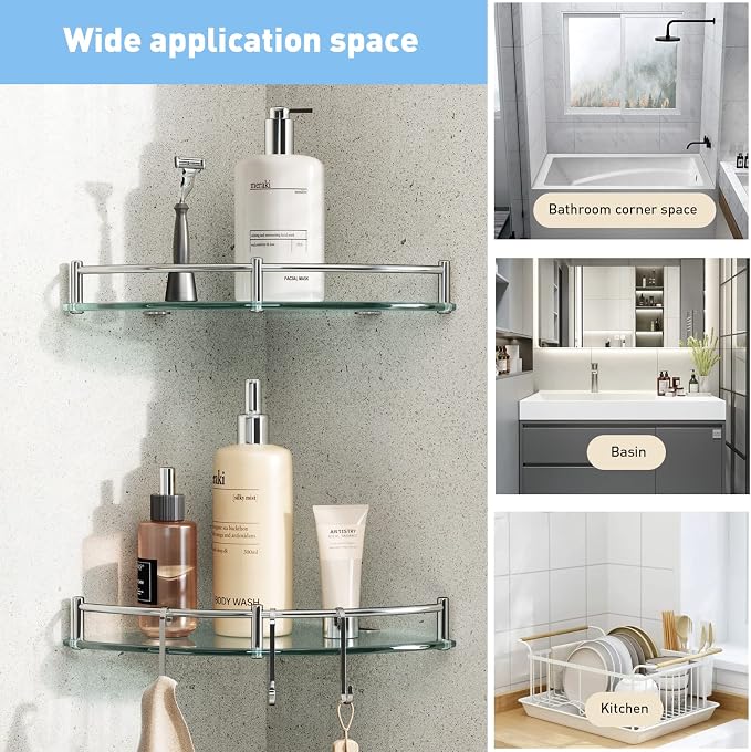 HouseMila Glass Shower Shelves, 2 Tier Tempered Glass Corner Shelf Shower - Image 4