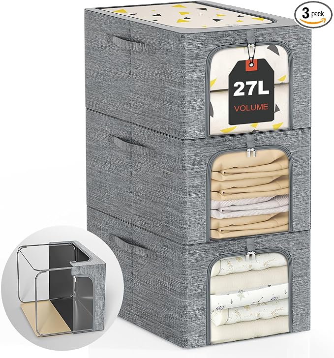 GoMaihe Clothes Storage Bins Metal Frame: 3-Pack Compact Stackable Closet by GoMaihe