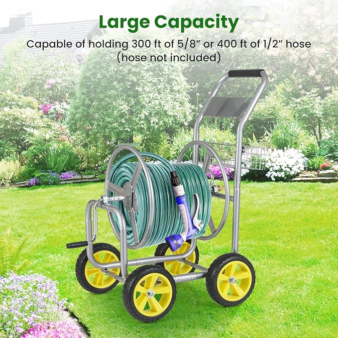 Goplus Garden Hose Reel Cart, 300 FT of 5/8" Large Capacity, Heavy-Duty Metal - Image 2
