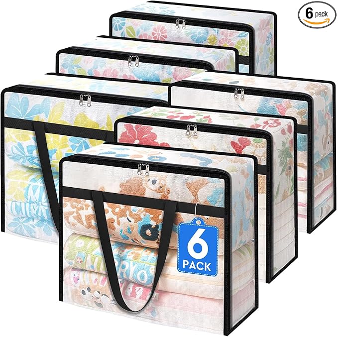 BlissTotes 6 Pack Clear Clothes Storage Bags, Moving Bags, Foldable Blanket by BlissTotes