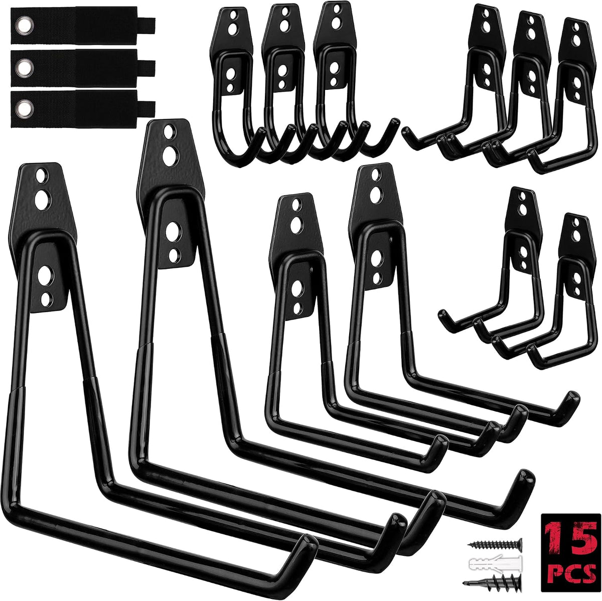 Garage Tool Storage Wall Hook Assortment Set: 15PCS Heavy Duty Large