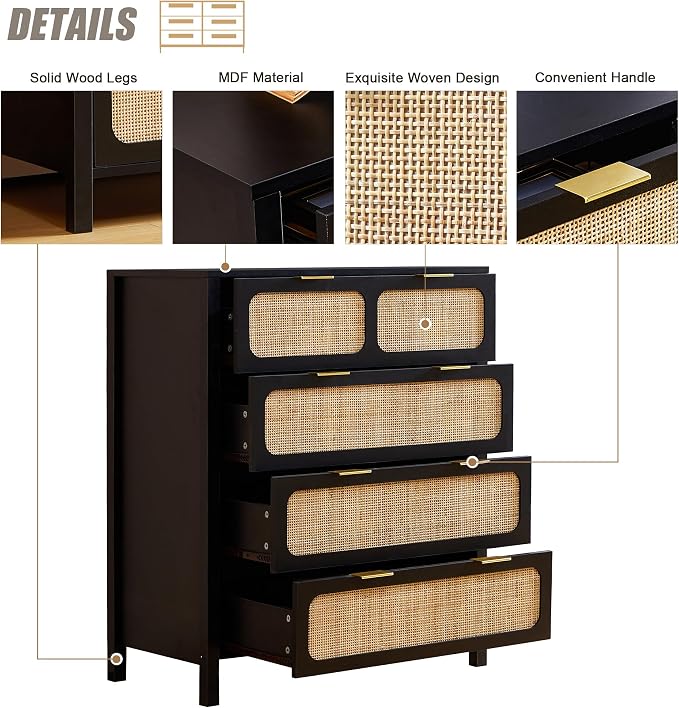 4 Drawer Dresser with Rattan Finish, Modern Farmhouse Chest of Drawers with - Image 6