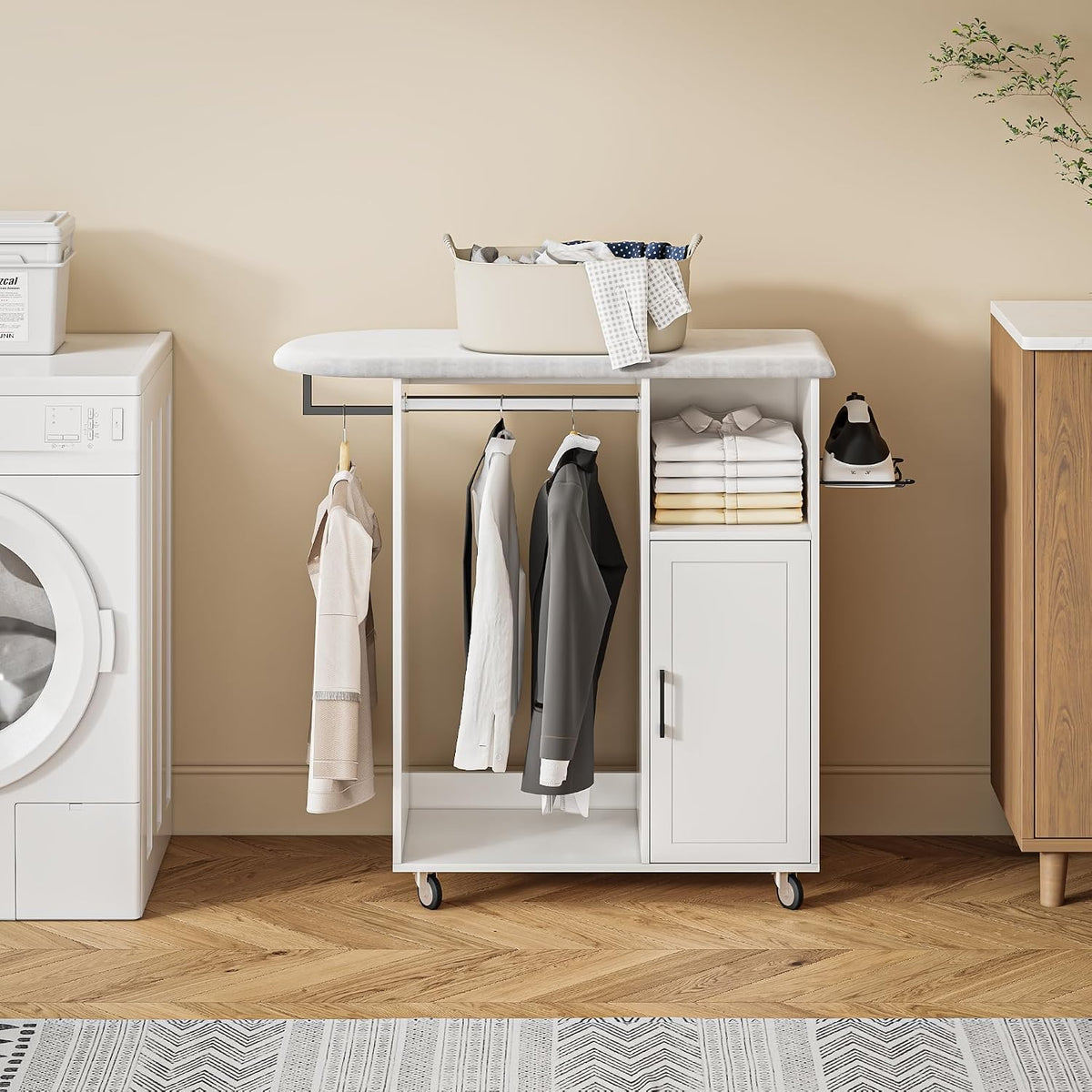 Rolling Ironing Board with Storage Cabinet, Multipurpose Wooden