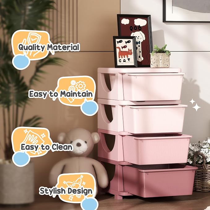 Qaba 4 Tier Kids Storage Unit, 4 Drawer Chest Toy Organizer Plastic Bins - Image 6
