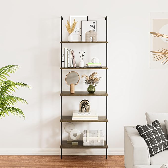 5 Tiers Ladder Shelf 2-Piece Black Modern Tall Bookshelf Open Large Tall Wall - Image 6
