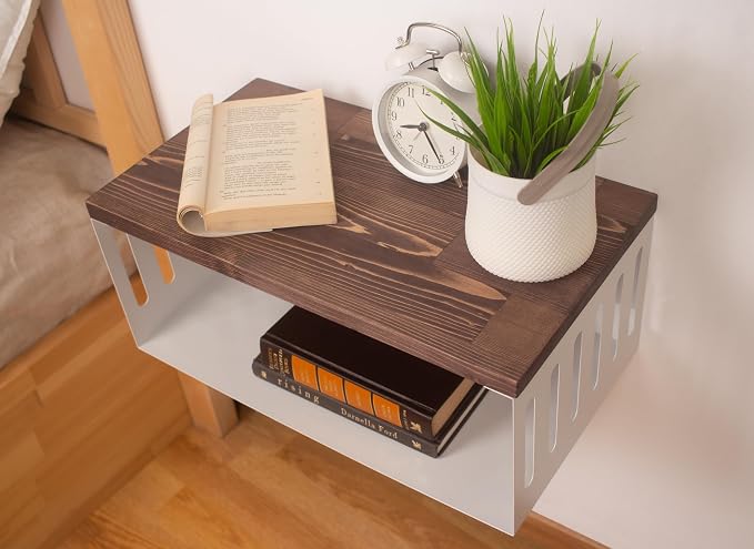 Floating Nightstand with White Metal Base, Wooden Top and Sturdy Metal Base - Image 5