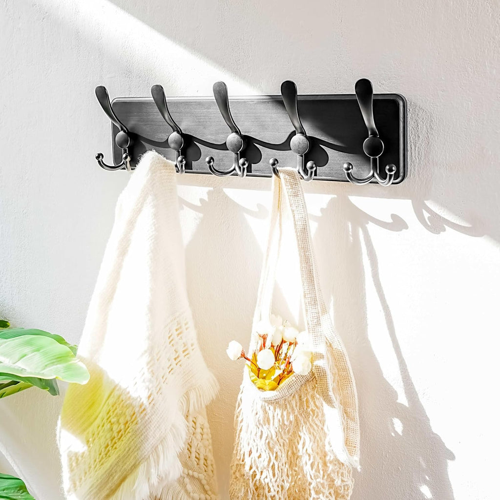 Coat Rack Wall Mounted - 5 Tri Hooks, Heavy Duty, Wooden Wall Coat