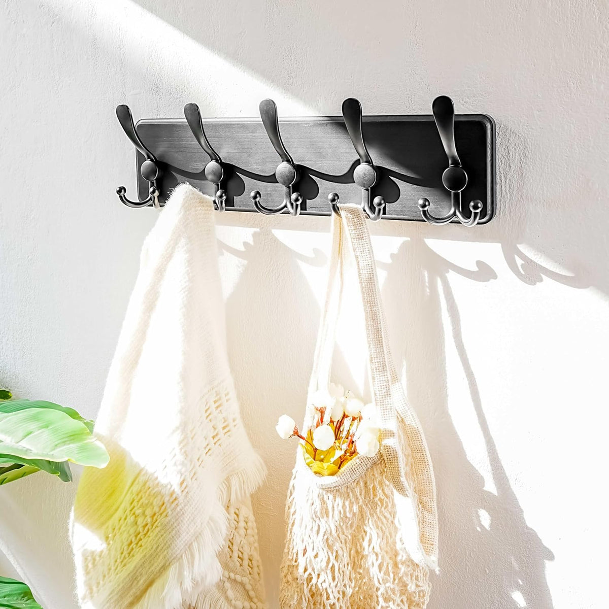 Coat Rack Wall Mounted - 5 Tri Hooks, Heavy Duty, Wooden Wall Coat
