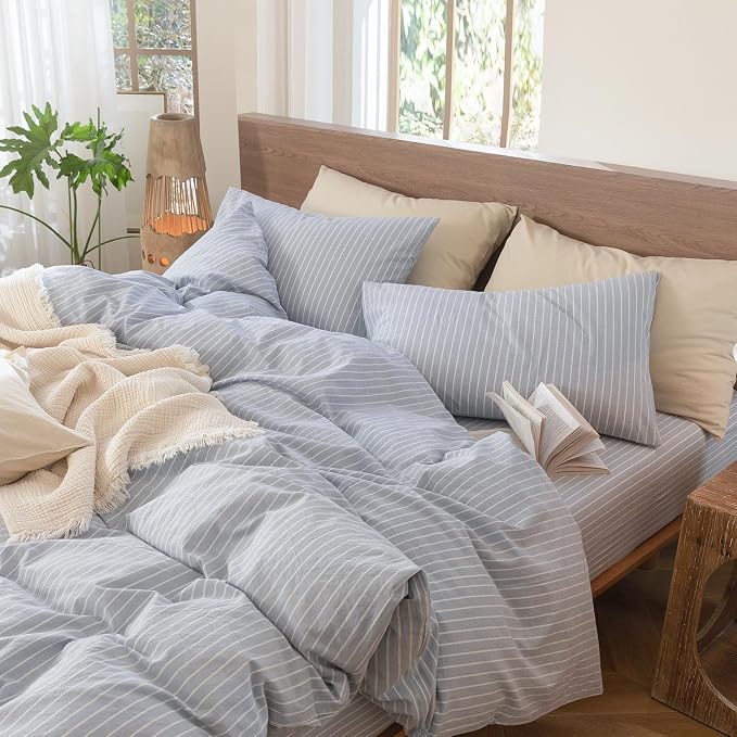 MooMee Bedding Pillowcases Striped Pack of 2 100% Washed Cotton Linen Like - Image 2