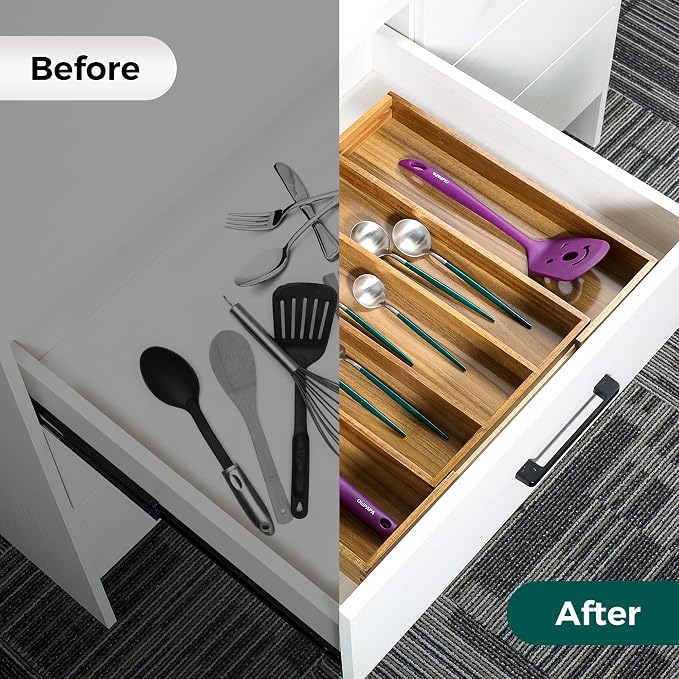 Utoplike Acacia Kitchen Drawer Organizer Expandable, Large Utensils and Cutlery - Image 5