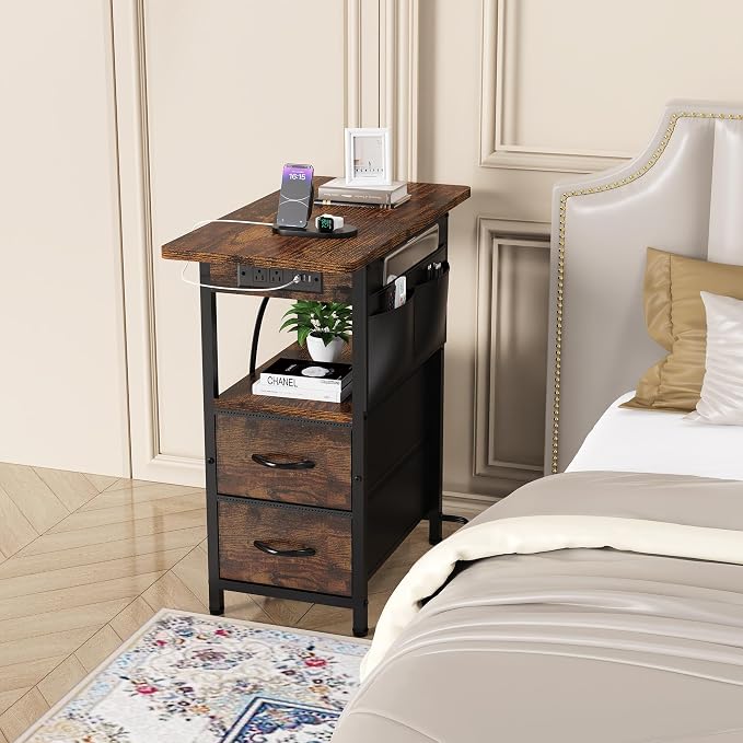 Small Side Table with Charging Station, Narrow Nightstand Bedside Tables with - Image 2