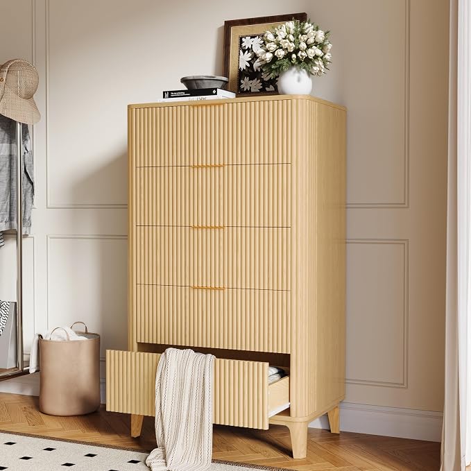 Fluted 5 Drawers Dresser for Bedroom, Farmhouse Wooden Vertical Dresser - Image 6