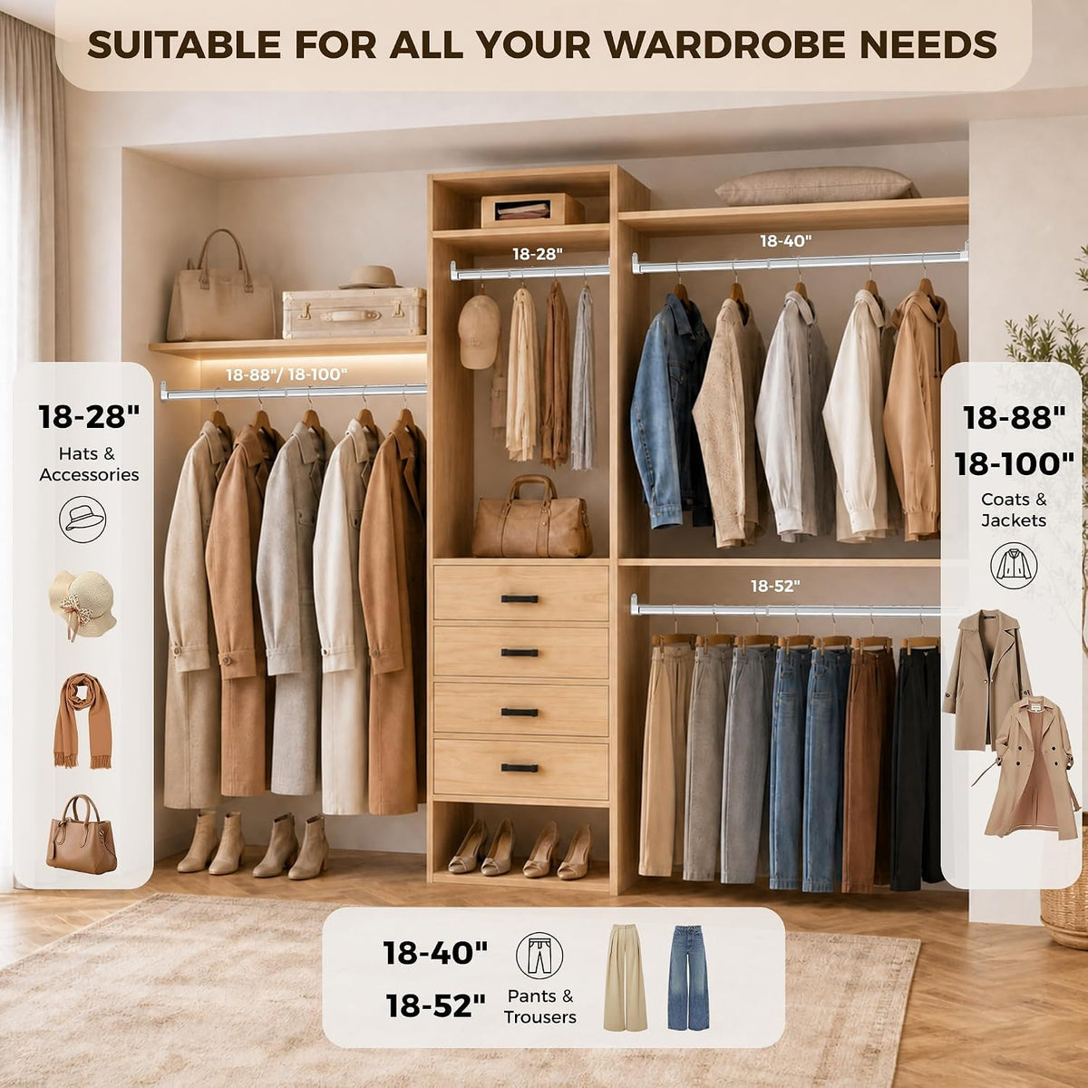 Oval Closet Rod 18-52 Inch Adjustable Closet Rods for Hanging Clothes