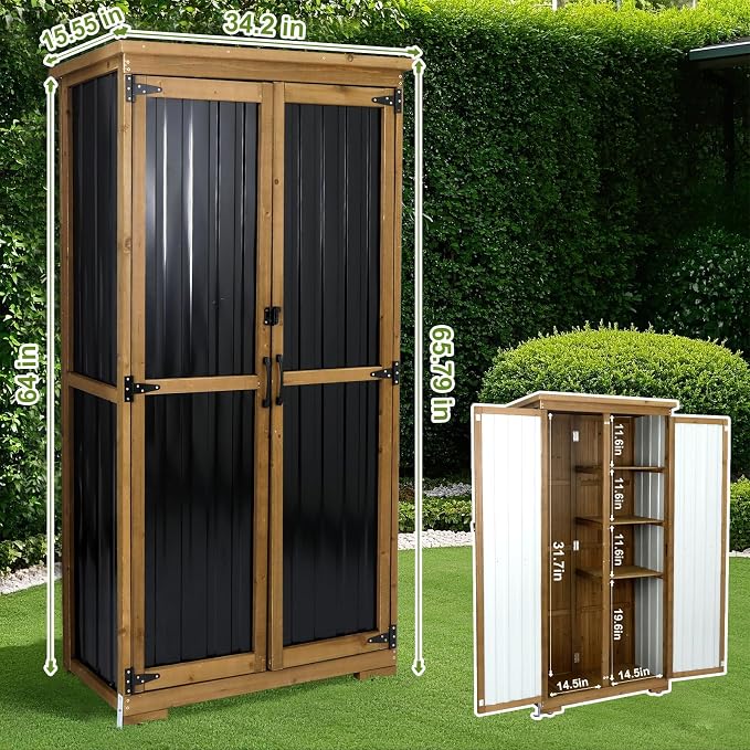 Outdoor Storage Cabinet with Shelf, Wood & Metal Storage Shed with Waterproof - Image 4