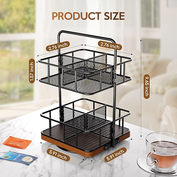 Rotation 2 Tier Tea Bag Organizer, Iron Art Tea Organizers, Acacia Wood Stand - Image 3