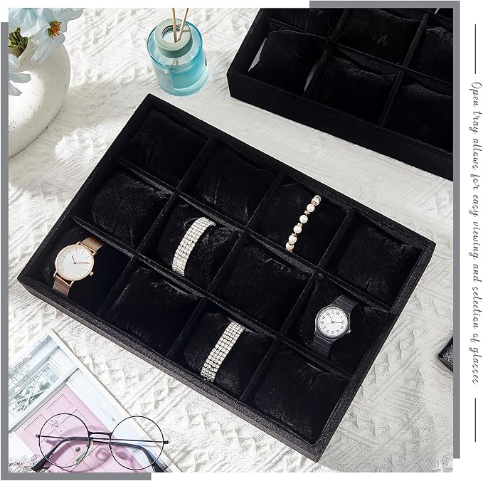 Henoyso 2 Pieces 12 Grid Velvet Watch Tray Jewelry Organizer Stackable Watch - Image 5